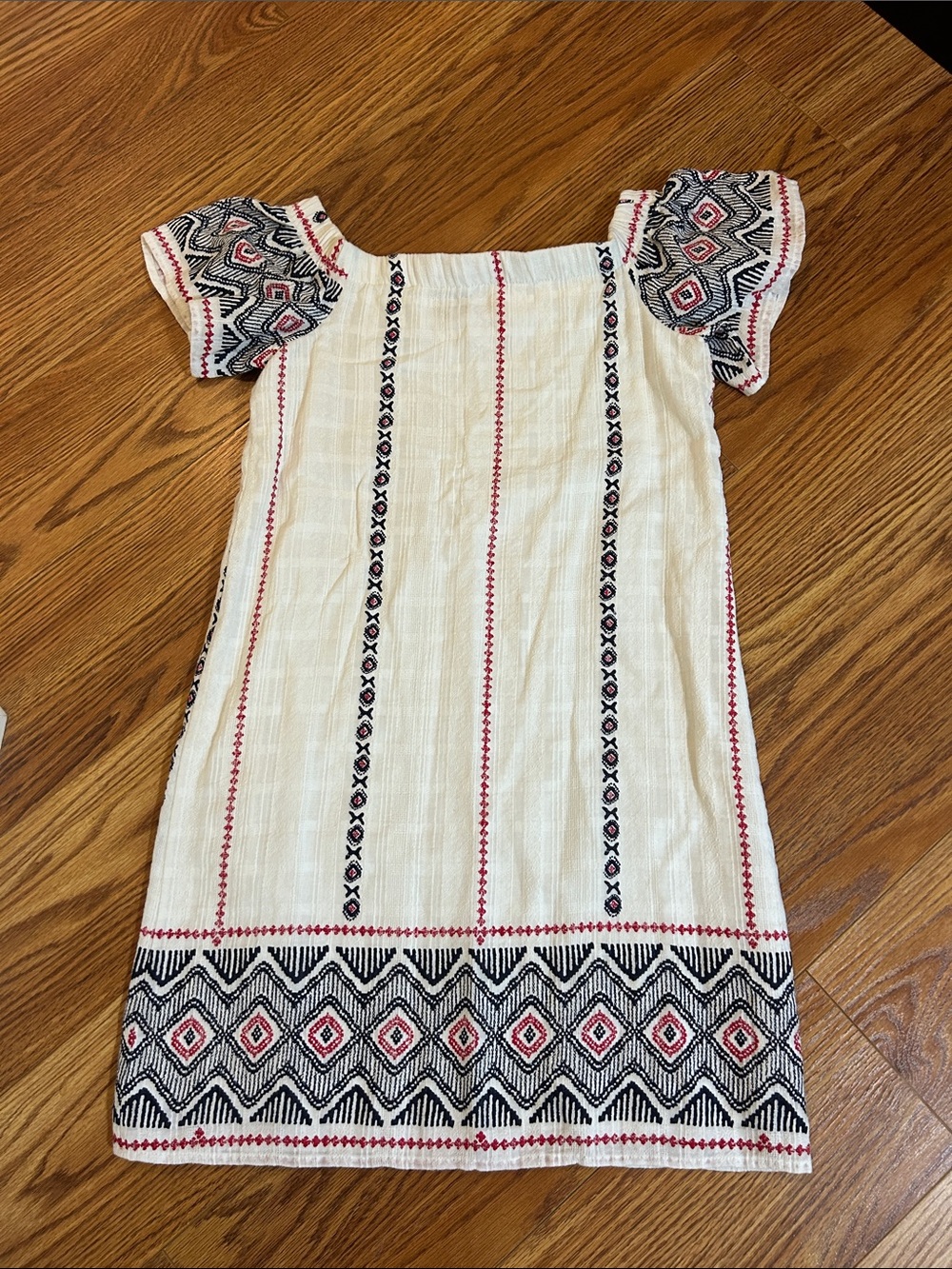 Aqua Cream Dress with Black and Red Embroidery